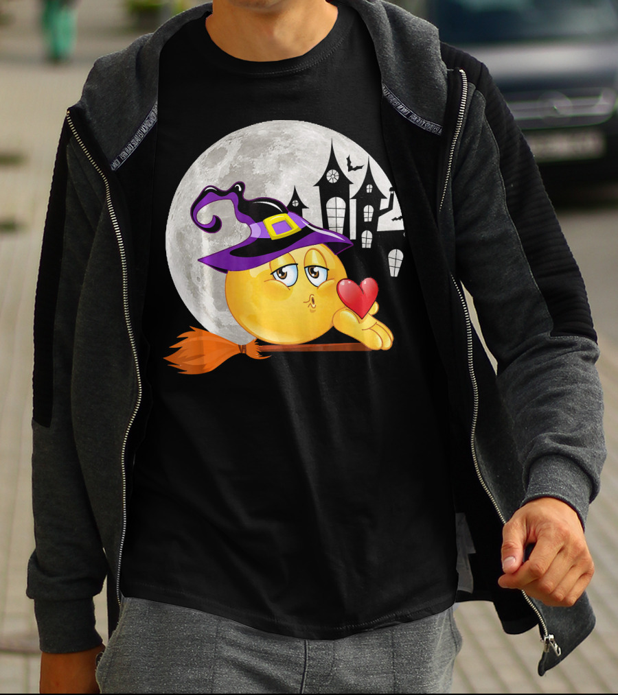 Kissing Face Emoji Witch Hat Broomstick With Heart In Front Of Spooky House And Full Moon T-Shirt