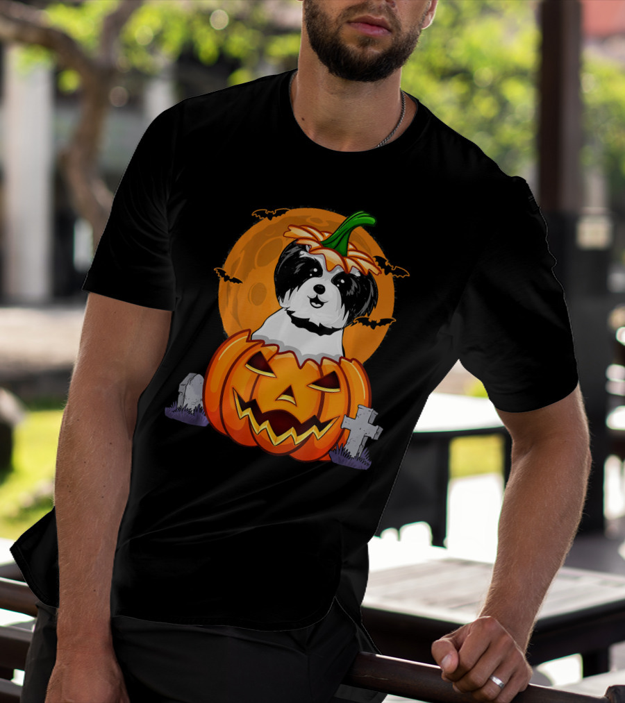 Funny Shih Tzu Pumpkin Halloween Moon Bats Graveyard T-Shirt
