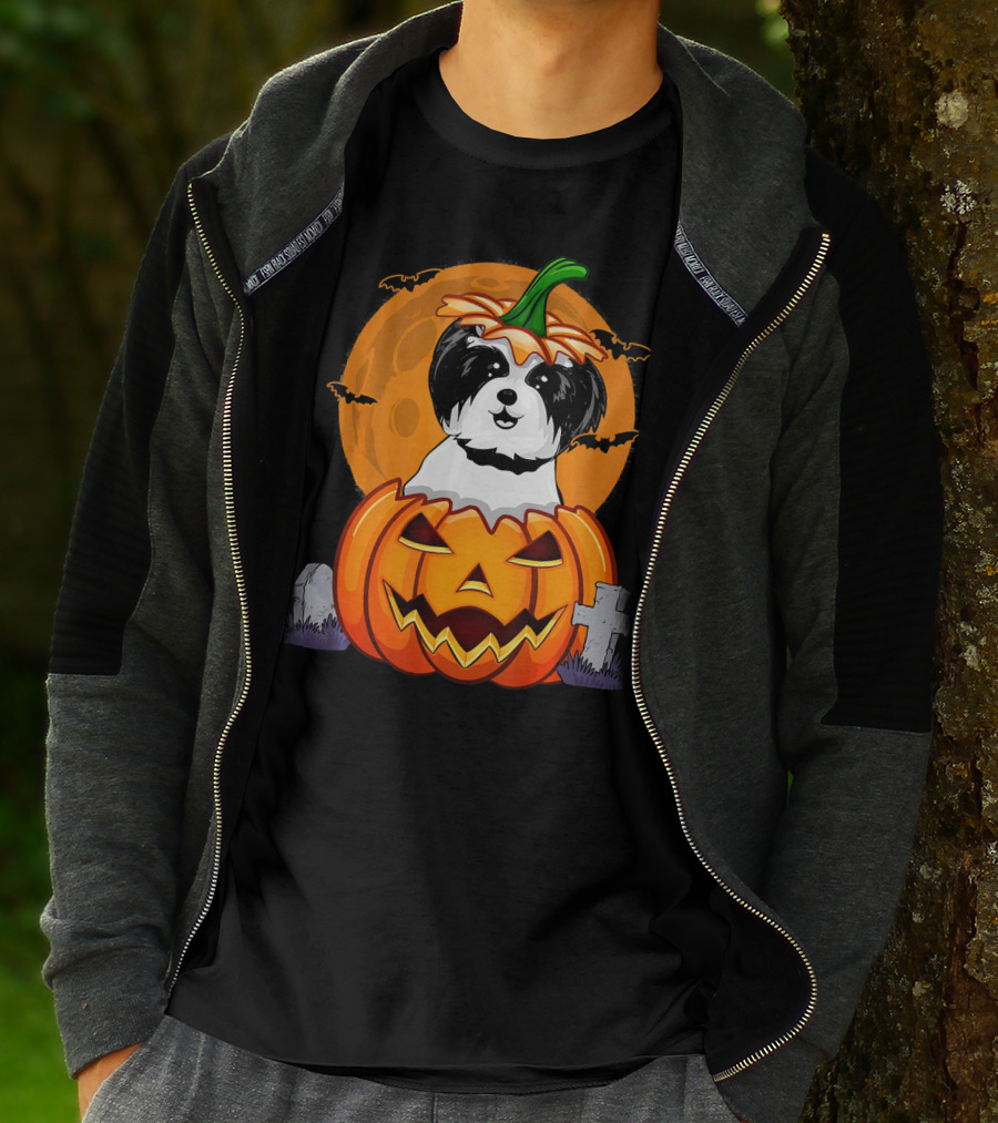 Funny Shih Tzu Pumpkin Halloween Moon Bats Graveyard T-Shirt