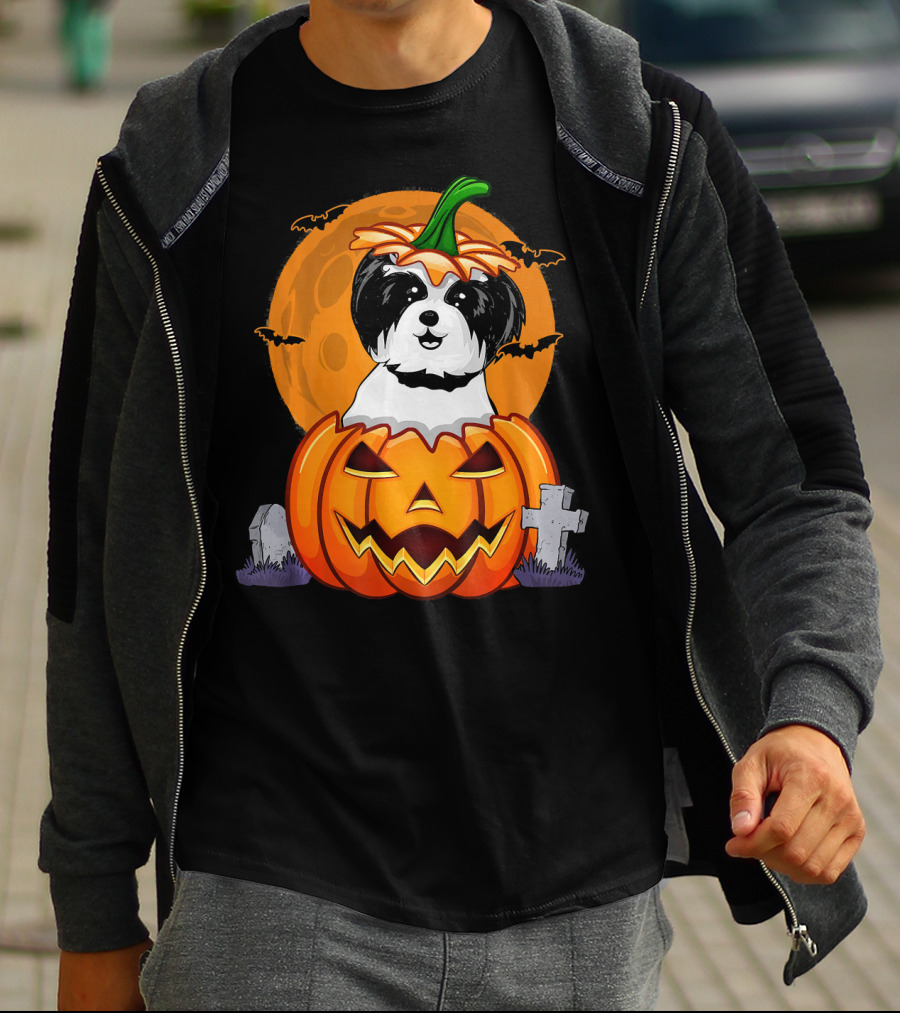 Funny Shih Tzu Pumpkin Halloween Moon Bats Graveyard T-Shirt