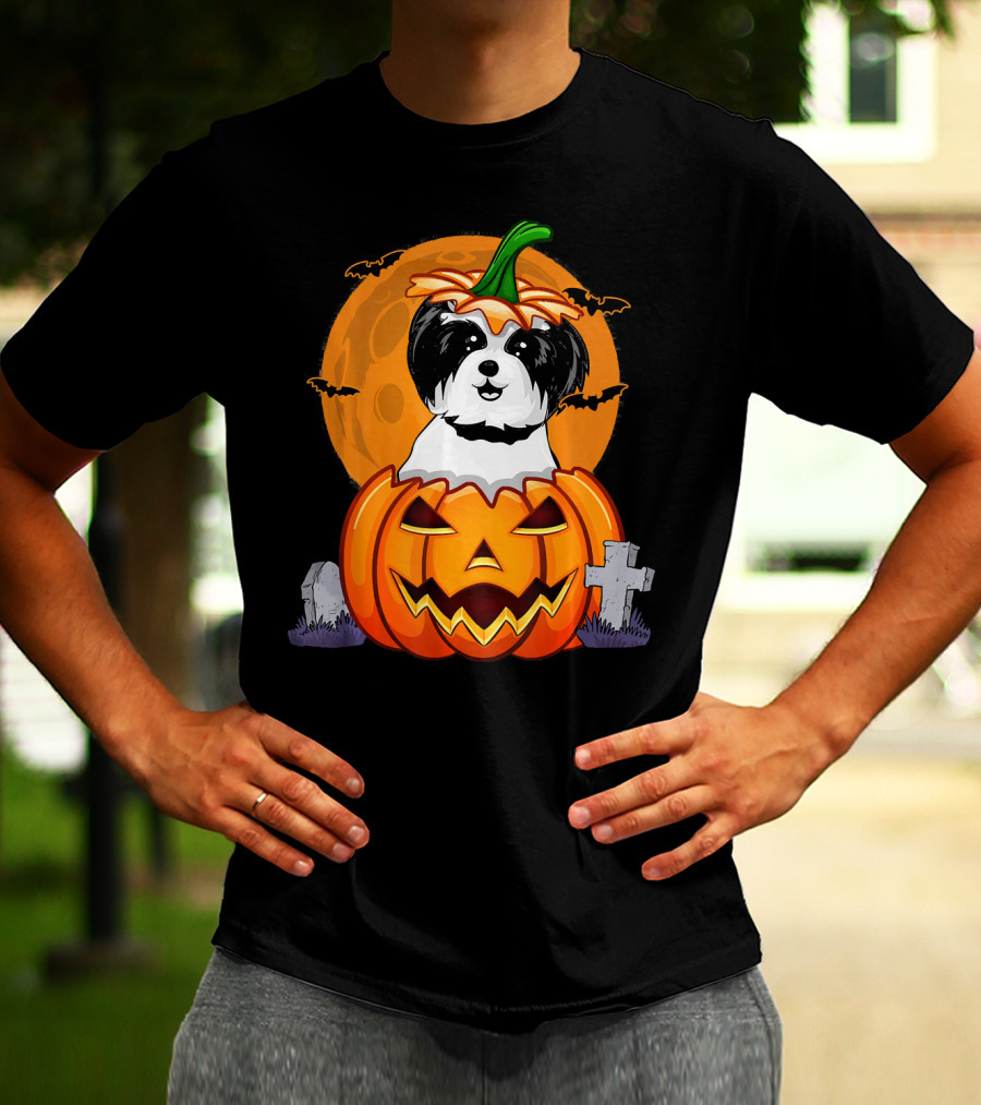 Funny Shih Tzu Pumpkin Halloween Moon Bats Graveyard T-Shirt