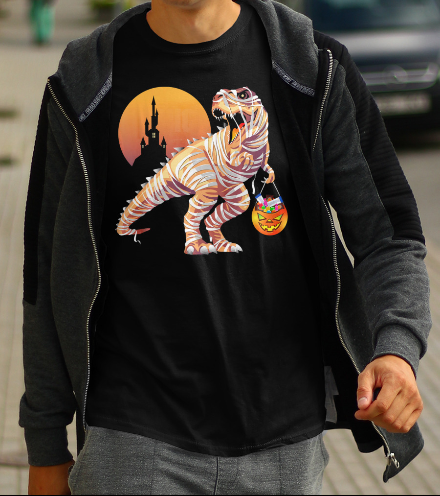 Mummy Rex Dinosaur Halloween Trick Or Treat Castle Shadows T-Shirt