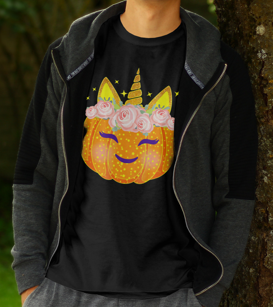 Smiling Unicorn Pumpkin With Flowers And Stars T-Shirt