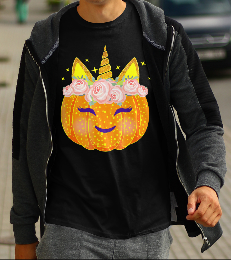 Smiling Unicorn Pumpkin With Flowers And Stars T-Shirt