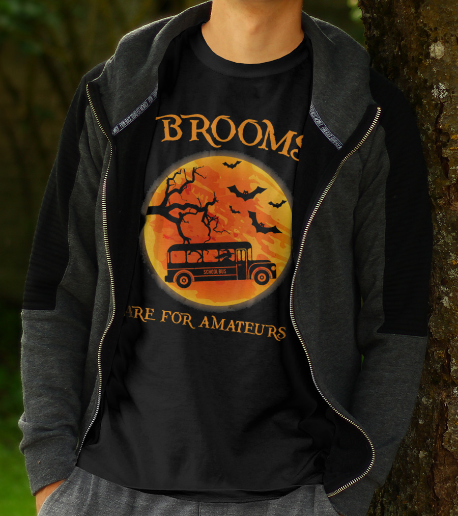 Brooms Are For Amateurs School Bus Halloween Scene T-Shirt