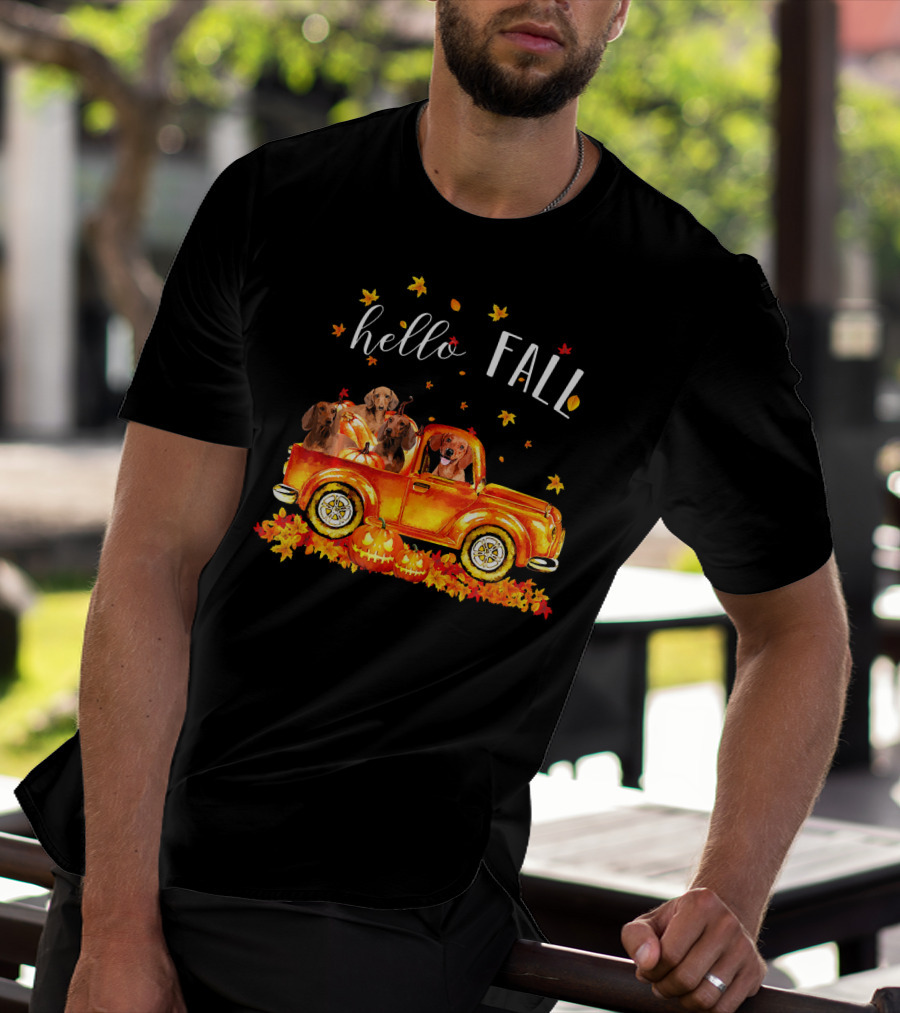 Hello Fall Dachshund Pumpkins Leaves Truck T-Shirt