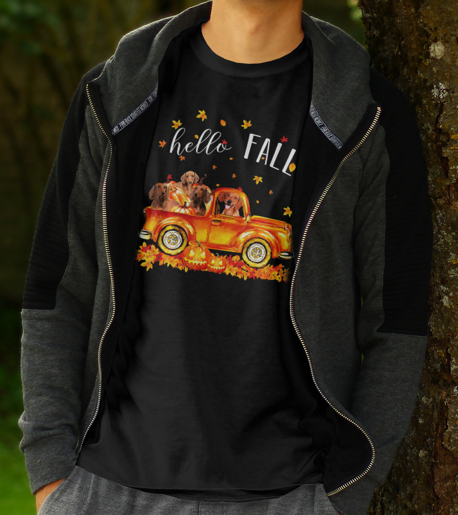 Hello Fall Dachshund Pumpkins Leaves Truck T-Shirt