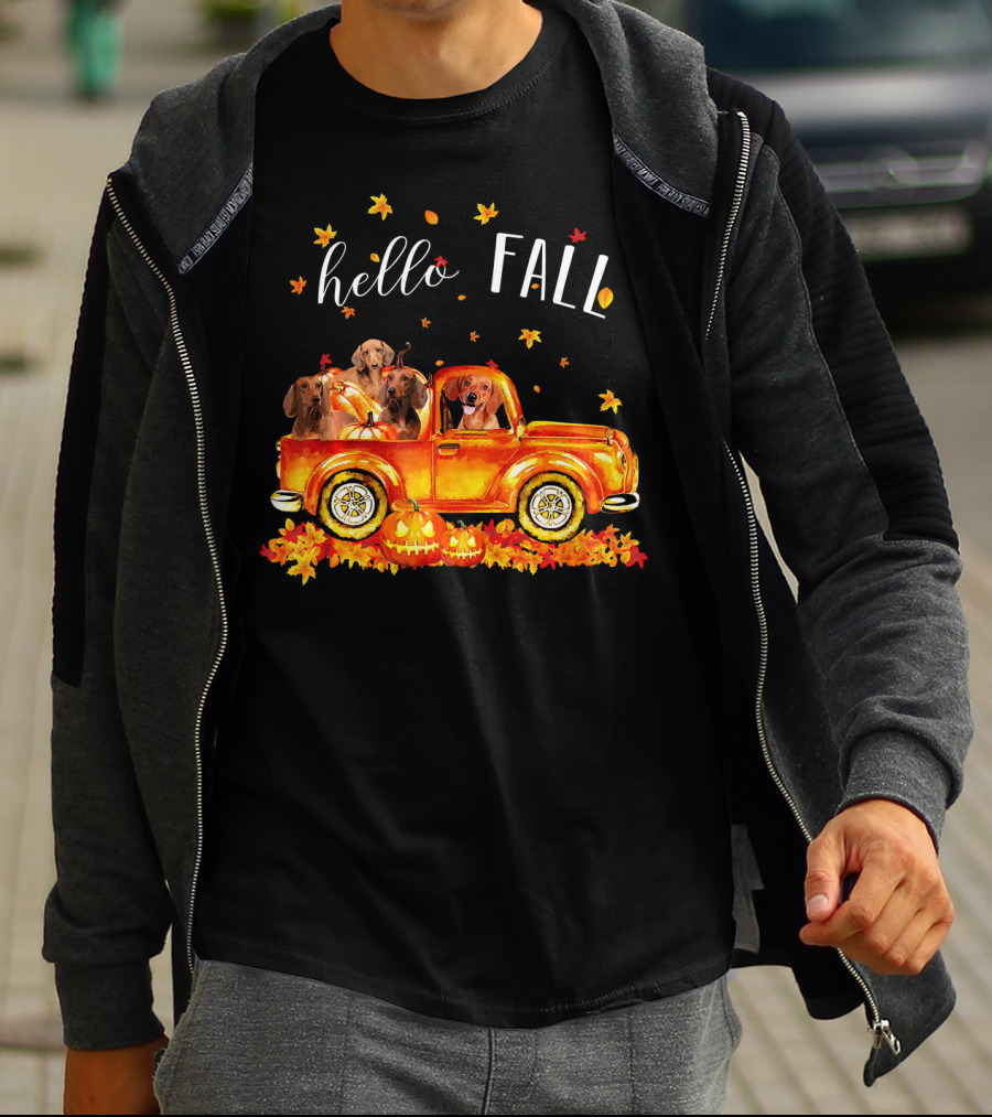 Hello Fall Dachshund Pumpkins Leaves Truck T-Shirt