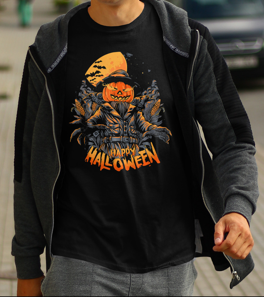 Happy Halloween Pumpkin Horror Moonlit Scarecrow Cornfield T-Shirt