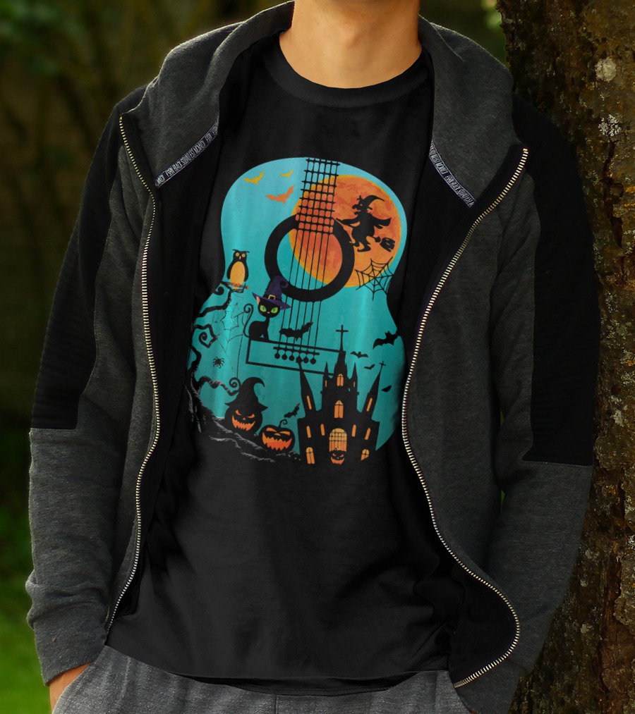 Guitar Lover Scary Halloween Pumpkin Music Witch Castle Cat Owl Bats Moon T-Shirt