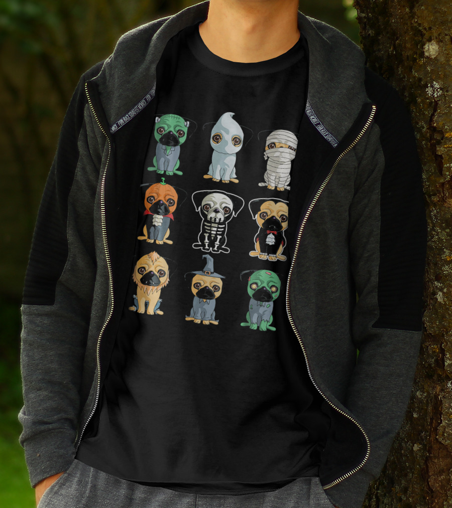 Cute Pugs Halloween Costumes Monster Ghost Mummy Vampire Skeleton Lion Wizard T-Shirt