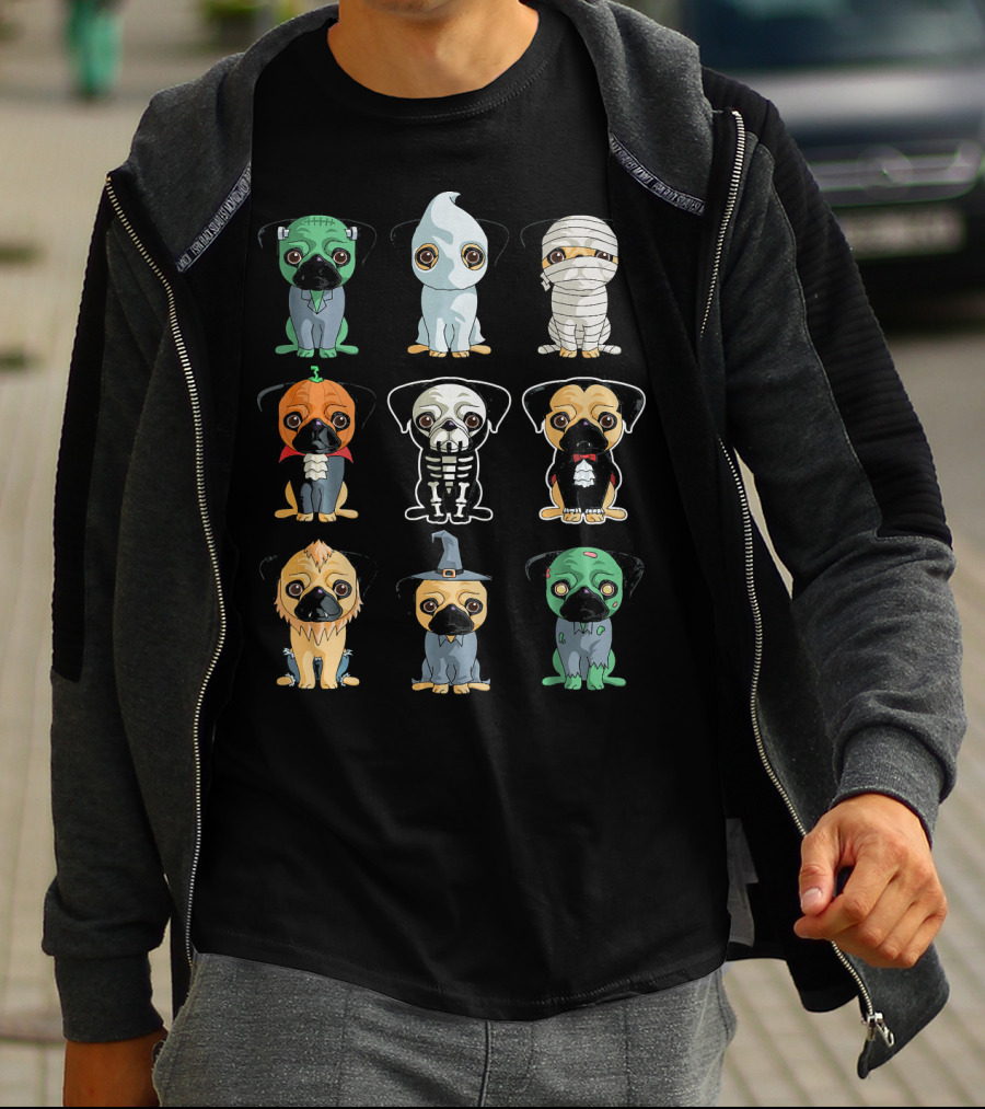 Cute Pugs Halloween Costumes Monster Ghost Mummy Vampire Skeleton Lion Wizard T-Shirt