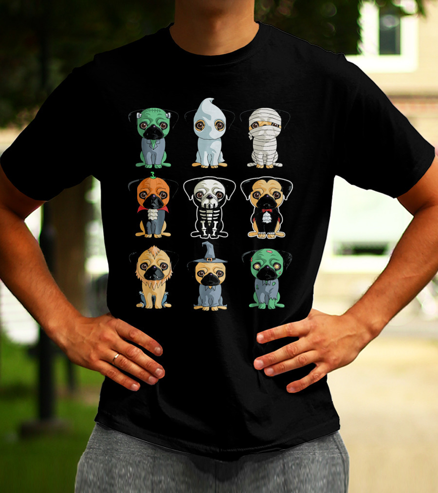 Cute Pugs Halloween Costumes Monster Ghost Mummy Vampire Skeleton Lion Wizard T-Shirt