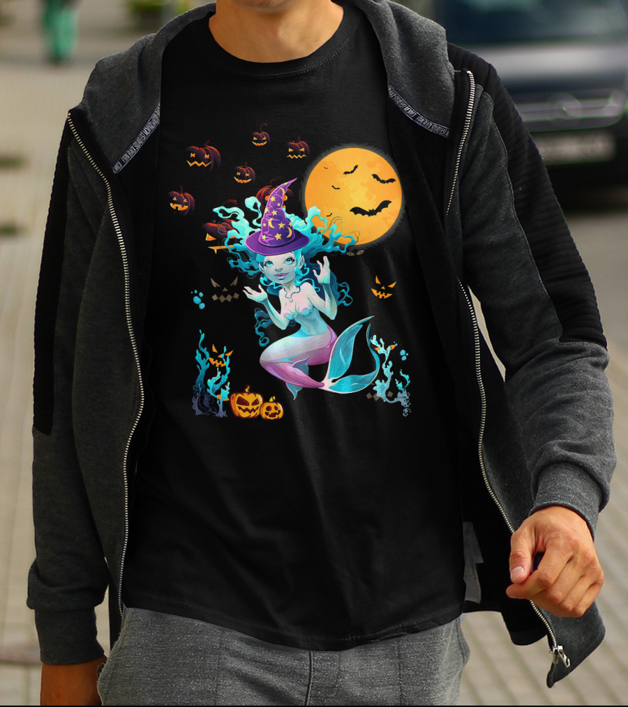 Halloween Mermaid Witch With Pumpkin Lanterns And Moon T-Shirt