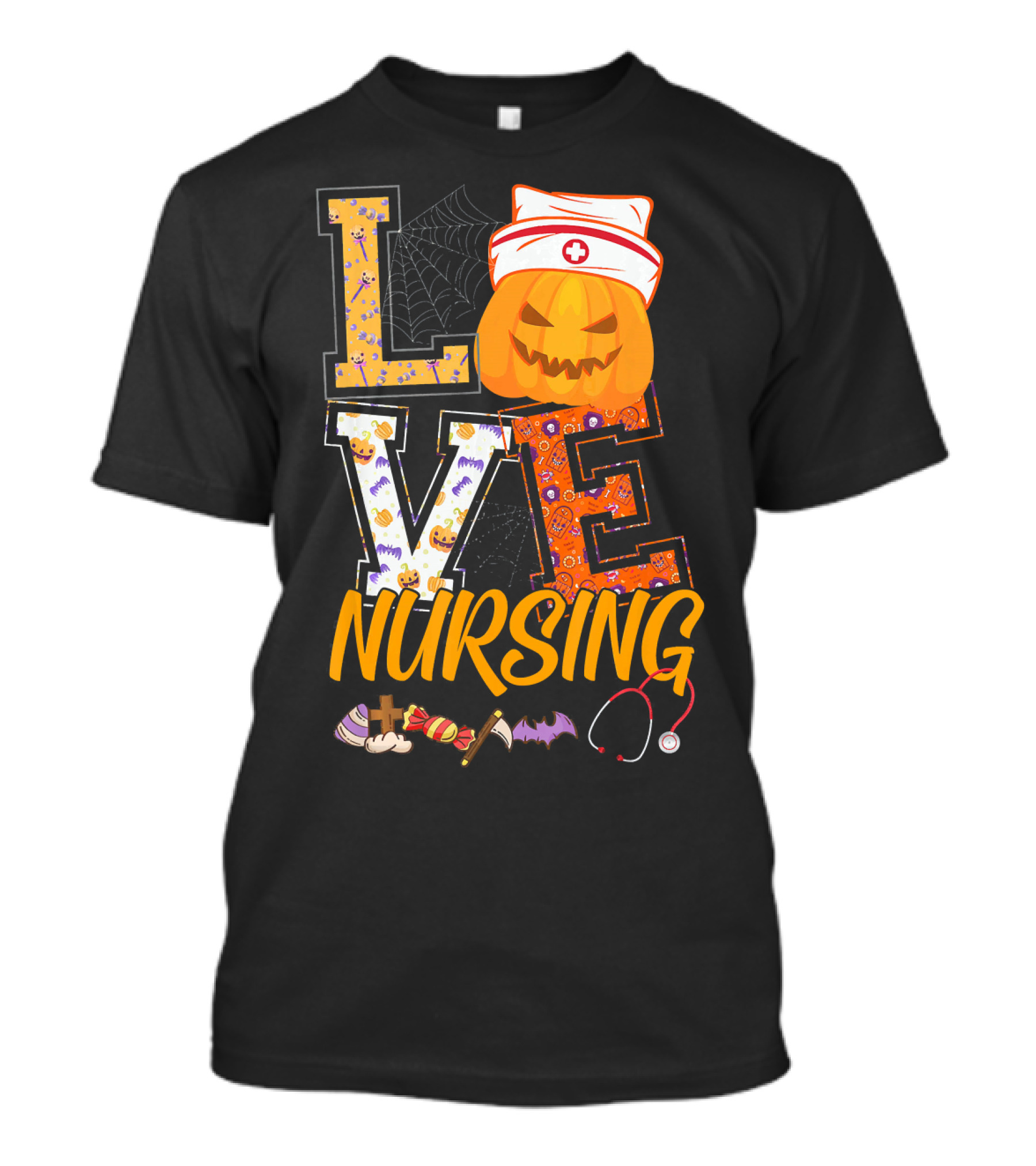 LOVE Nursing Pumpkin Halloween Nurse Stethoscope Spider Web Bat Candy T-Shirt