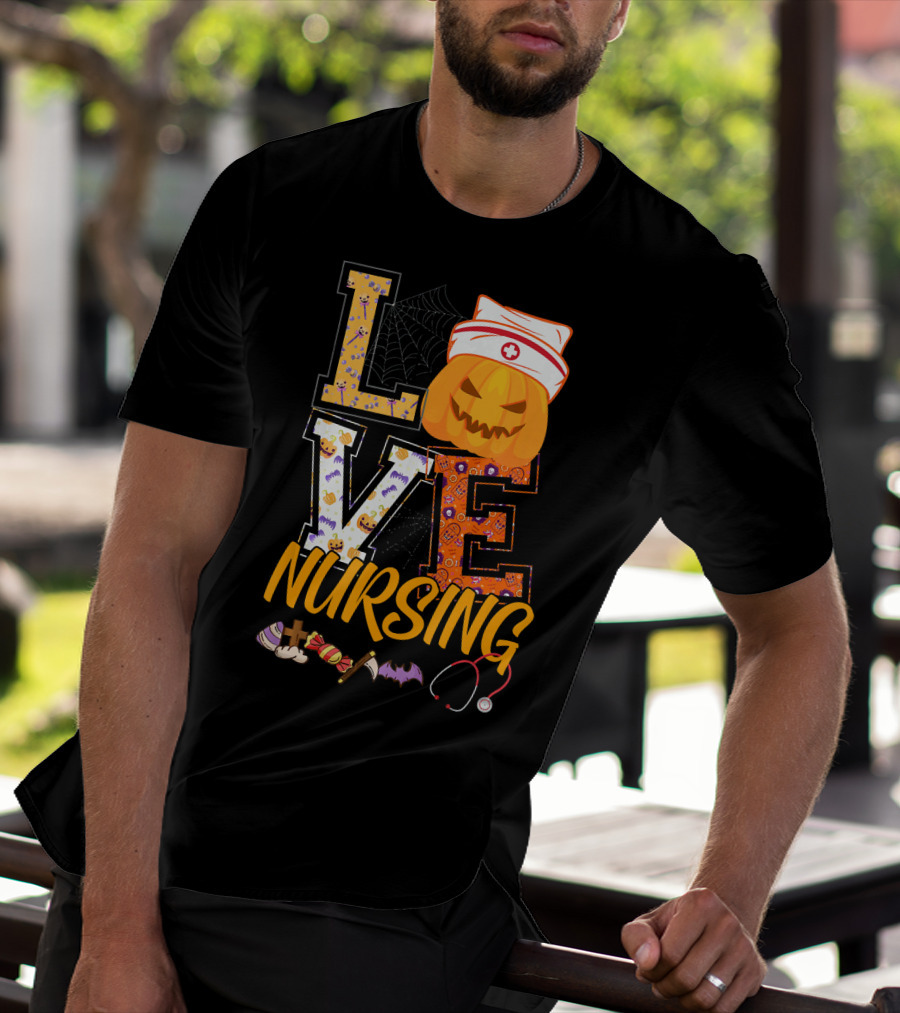 LOVE Nursing Pumpkin Halloween Nurse Stethoscope Spider Web Bat Candy T-Shirt