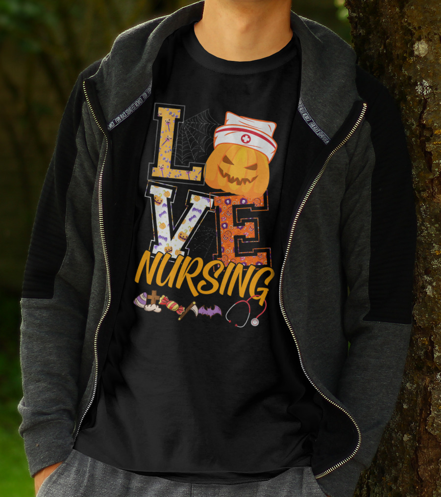LOVE Nursing Pumpkin Halloween Nurse Stethoscope Spider Web Bat Candy T-Shirt
