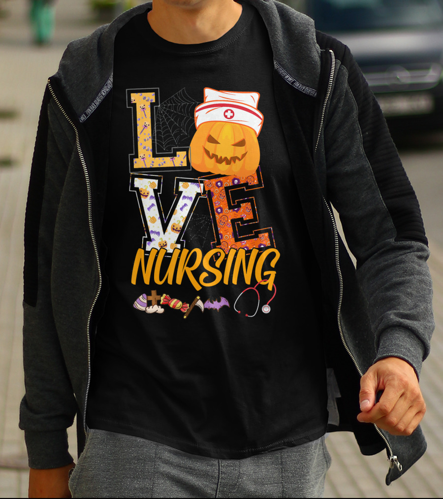 LOVE Nursing Pumpkin Halloween Nurse Stethoscope Spider Web Bat Candy T-Shirt