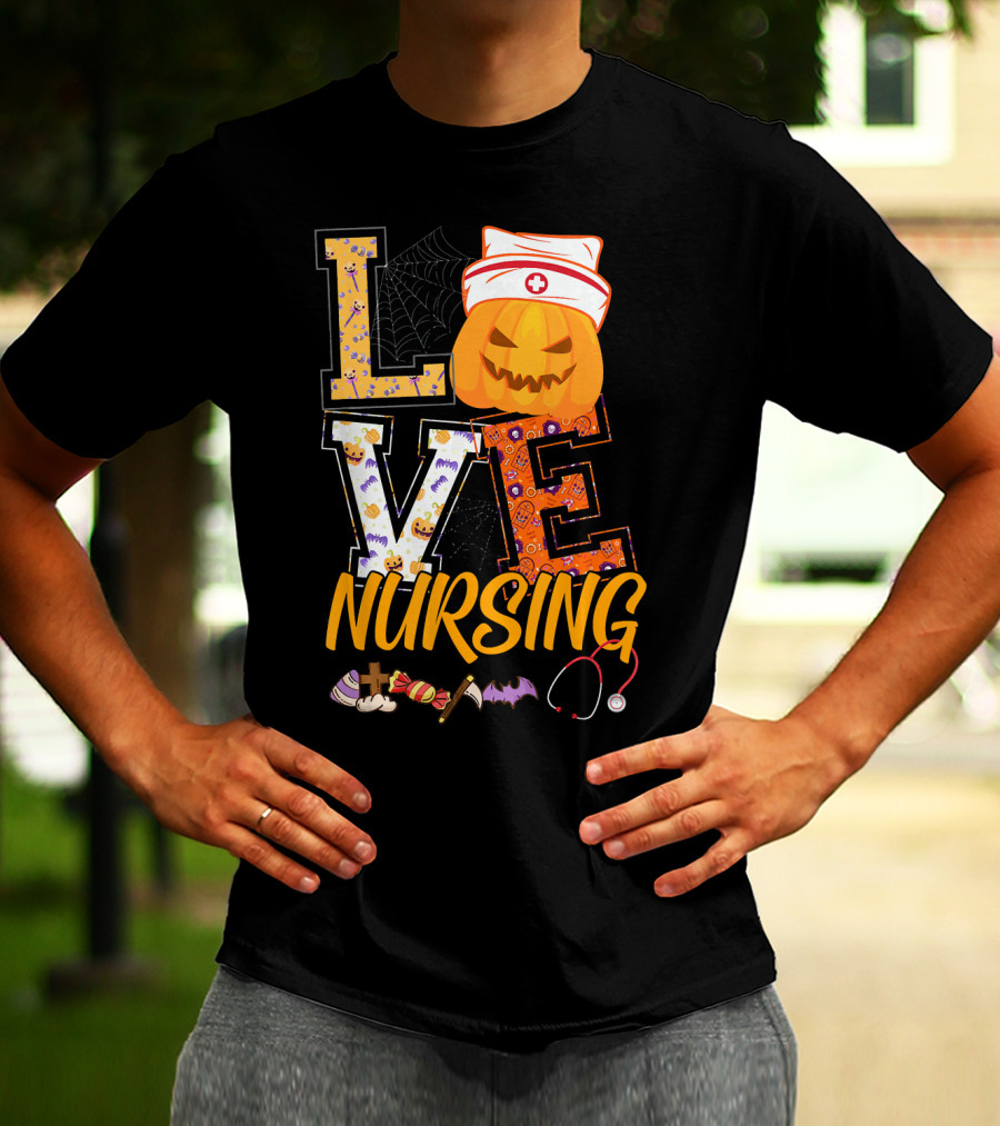 LOVE Nursing Pumpkin Halloween Nurse Stethoscope Spider Web Bat Candy T-Shirt
