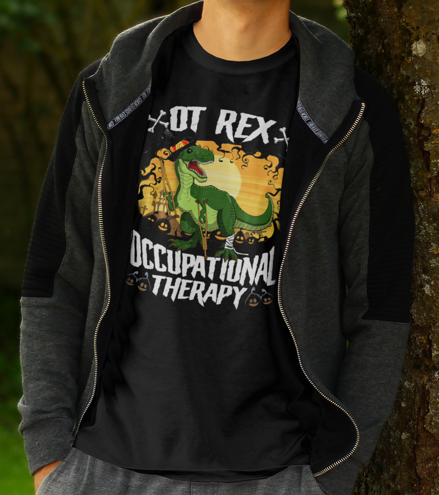 OT Rex Occupational Therapy Halloween Dinosaur With Crutches And Bandages T-Shirt