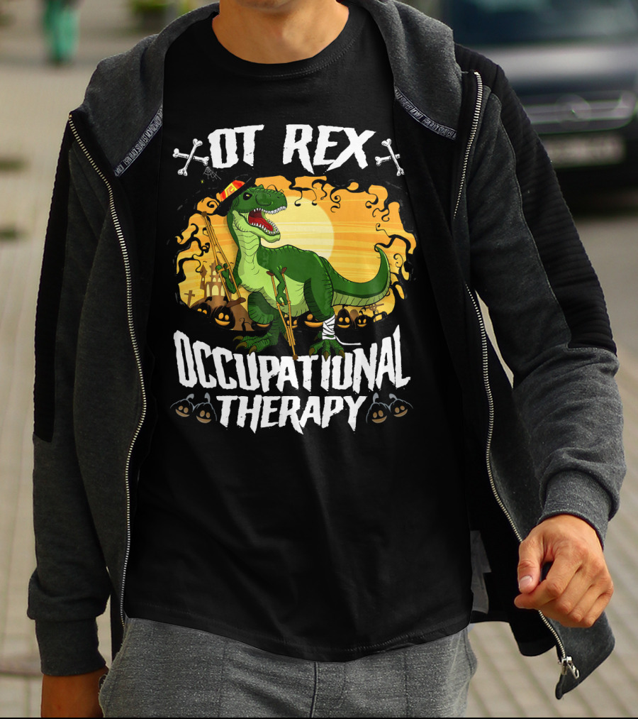 OT Rex Occupational Therapy Halloween Dinosaur With Crutches And Bandages T-Shirt