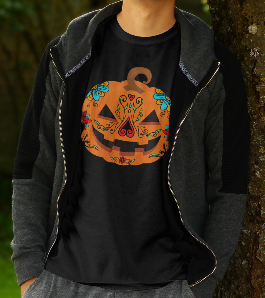 Pumpkin Sugar Skull Halloween Jack-O'-Lantern Floral T-Shirt