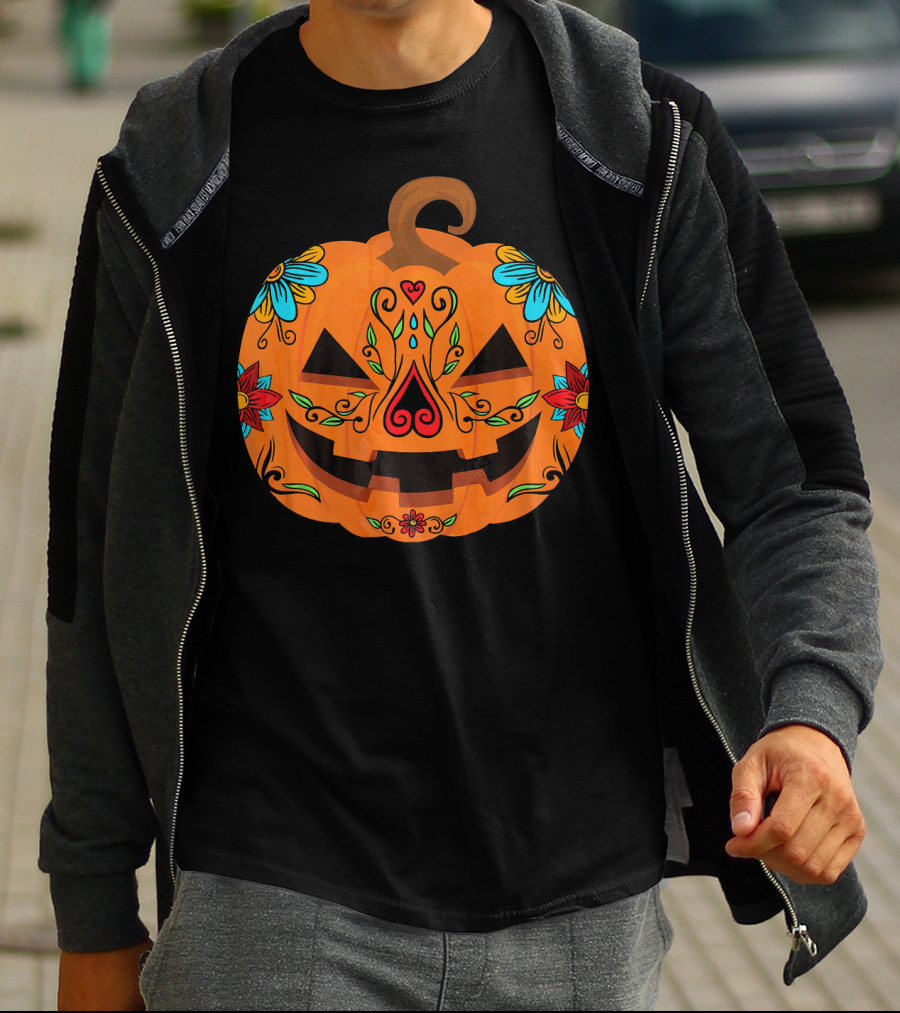Pumpkin Sugar Skull Halloween Jack-O'-Lantern Floral T-Shirt