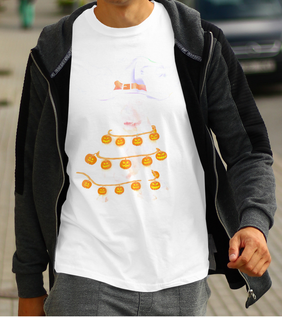 Pitbull Wrapped In Pumpkin Lights With Witch Hat And Bats Halloween T-Shirt