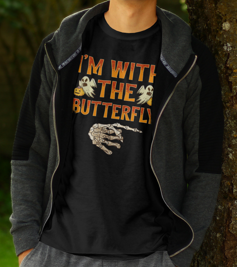 I'm With The Butterfly Ghosts Skeleton Hand Pumpkins T-Shirt