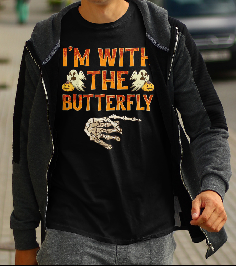 I'm With The Butterfly Ghosts Skeleton Hand Pumpkins T-Shirt