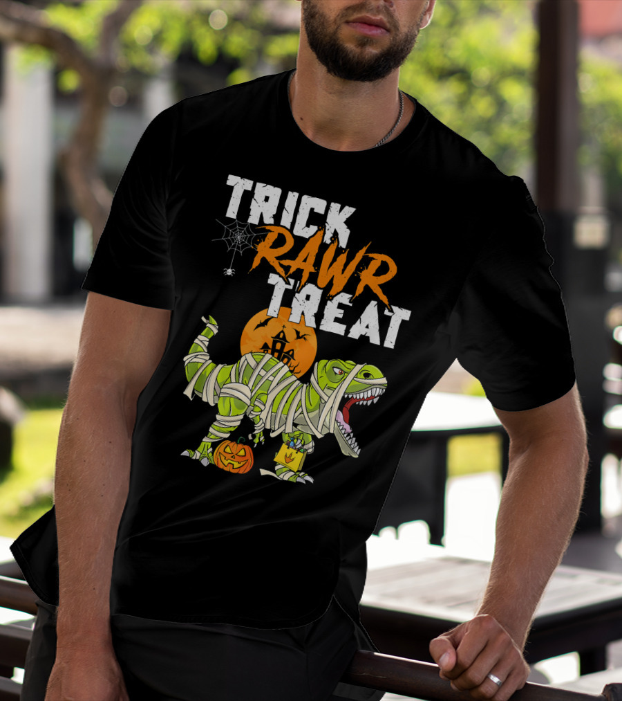 Trick Rawr Treat Dinosaur Mummy Halloween Rex Jack-O'-Lantern T-Shirt