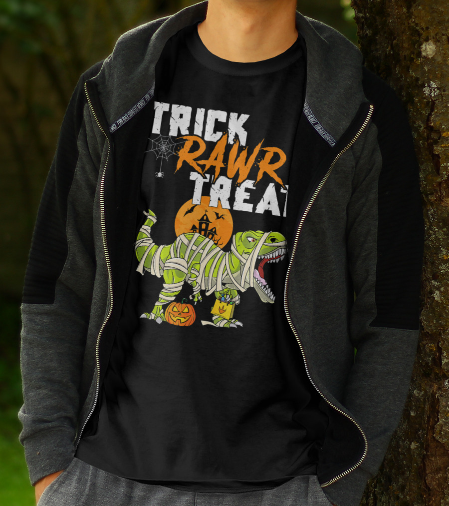Trick Rawr Treat Dinosaur Mummy Halloween Rex Jack-O'-Lantern T-Shirt