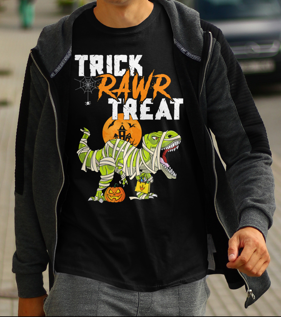 Trick Rawr Treat Dinosaur Mummy Halloween Rex Jack-O'-Lantern T-Shirt