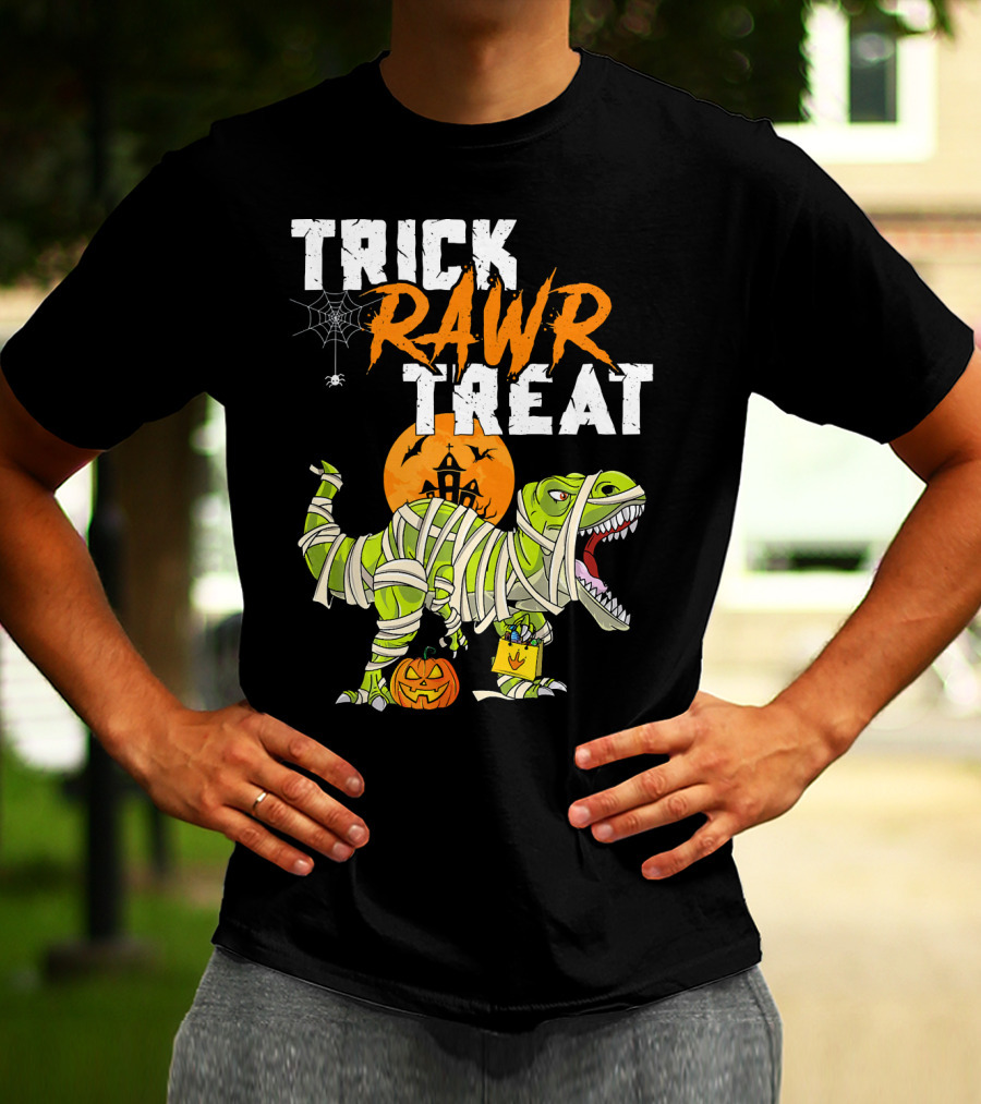 Trick Rawr Treat Dinosaur Mummy Halloween Rex Jack-O'-Lantern T-Shirt