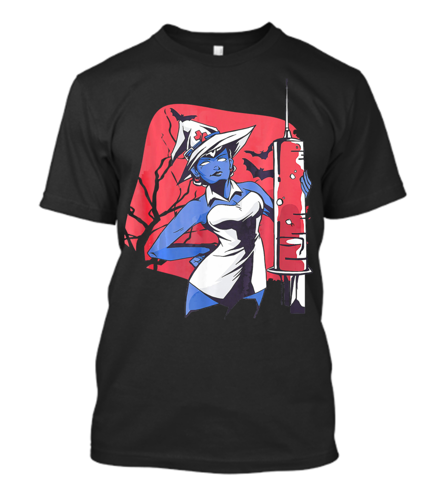 Halloween Witch Nurse Holding Syringe With Witch Hat And Bats T-Shirt