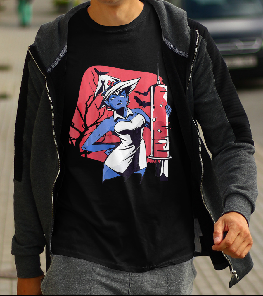 Halloween Witch Nurse Holding Syringe With Witch Hat And Bats T-Shirt