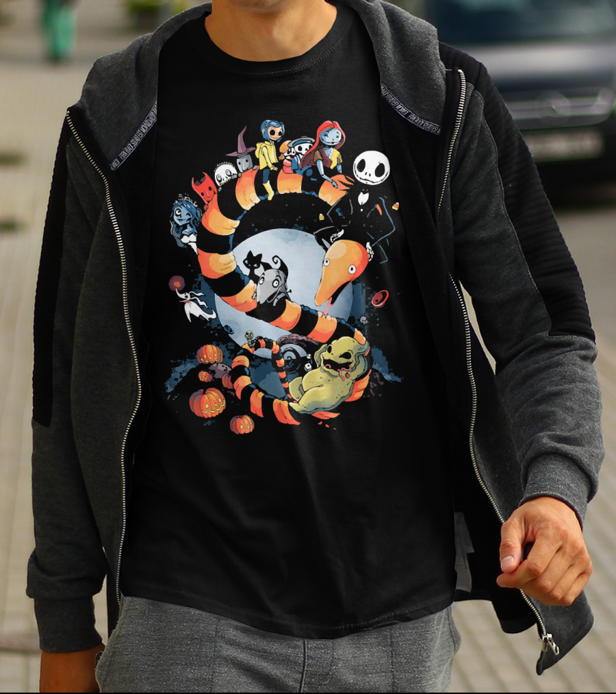 Nightmare Before Christmas Characters Riding Sandworm In Moonlit Halloween Scene T-Shirt