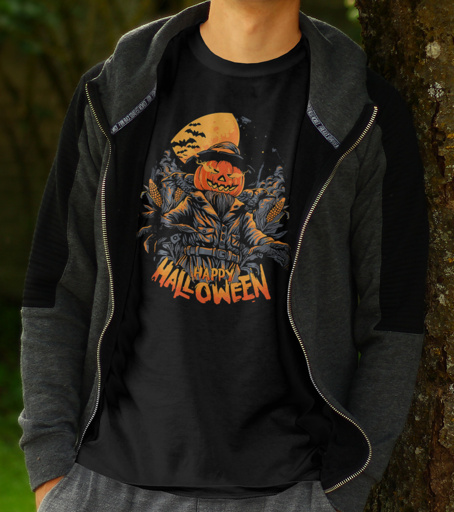 Happy Halloween Scarecrow Pumpkin Moonlit Scene T-Shirt