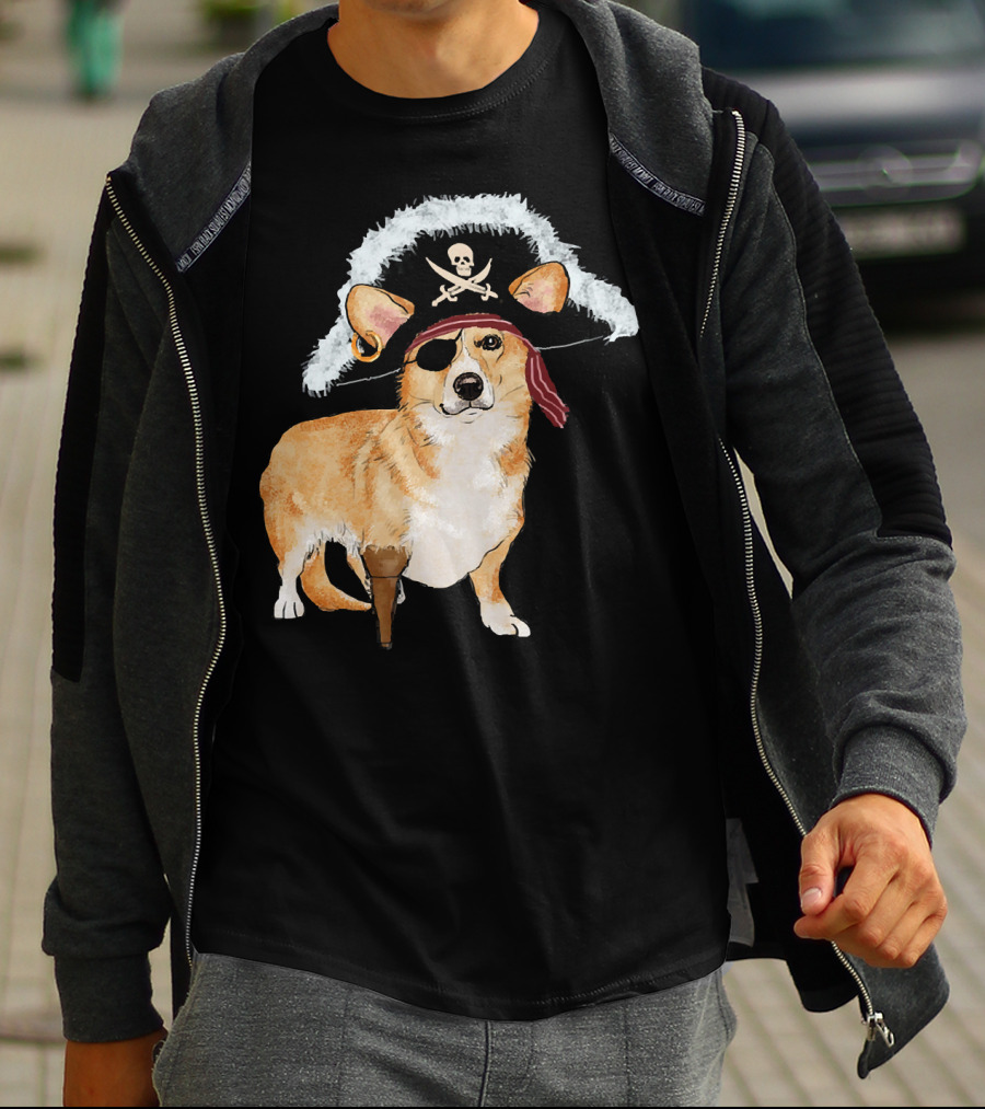 Funny Pirate Corgi Halloween Dog Lovers Skull Eyepatch Hat T-Shirt