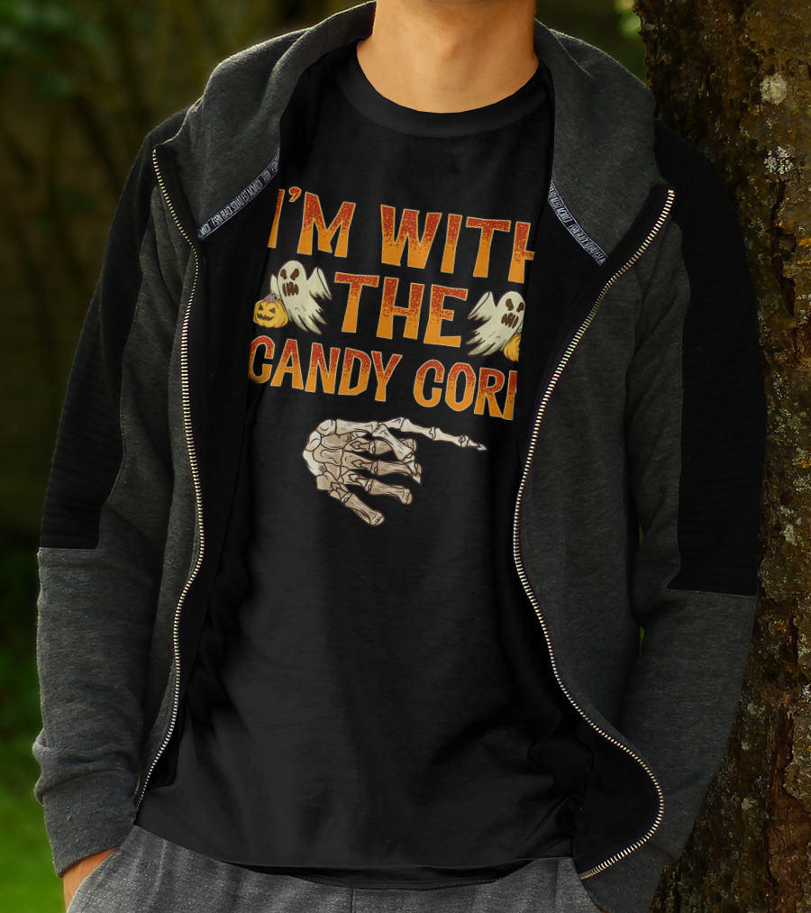 I'm With The Candy Corn Halloween Skeleton Hand Ghosts Pumpkins T-Shirt
