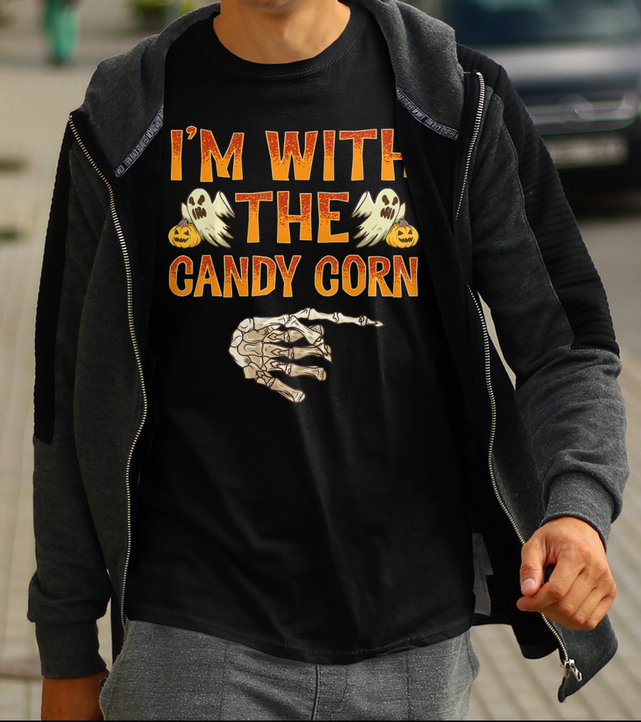 I'm With The Candy Corn Halloween Skeleton Hand Ghosts Pumpkins T-Shirt