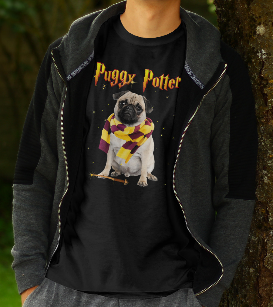 Puggy Potter Magic Wizard Pug With Scarf And Wand T-Shirt