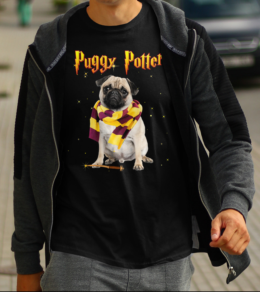 Puggy Potter Magic Wizard Pug With Scarf And Wand T-Shirt