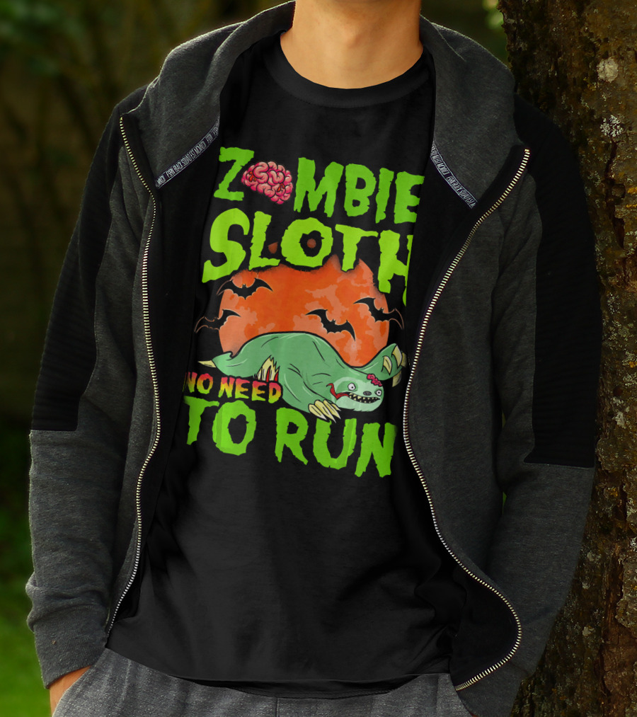 Zombie Sloth No Need To Run Halloween Brain Bats T-Shirt