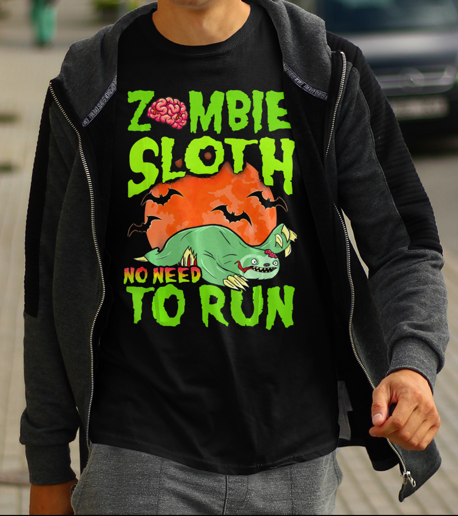 Zombie Sloth No Need To Run Halloween Brain Bats T-Shirt
