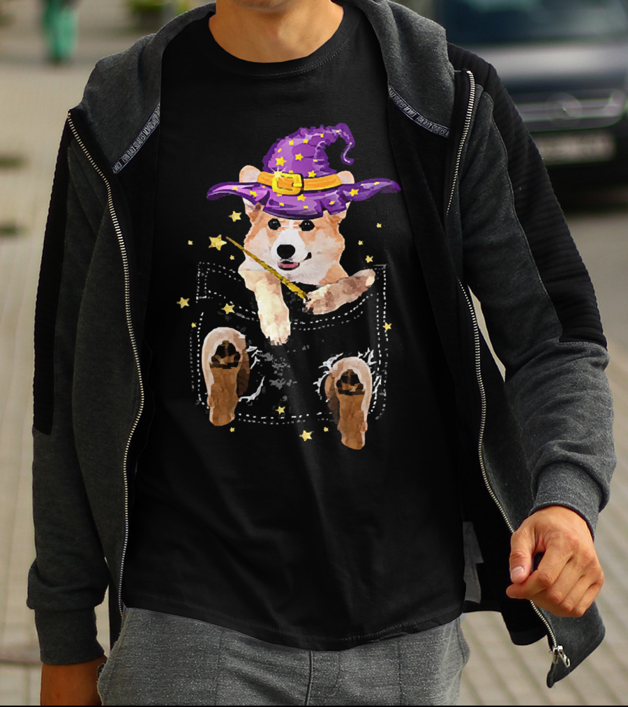 Corgi Witch Hat Starry Pocket Magic Wand Corgi T-Shirt