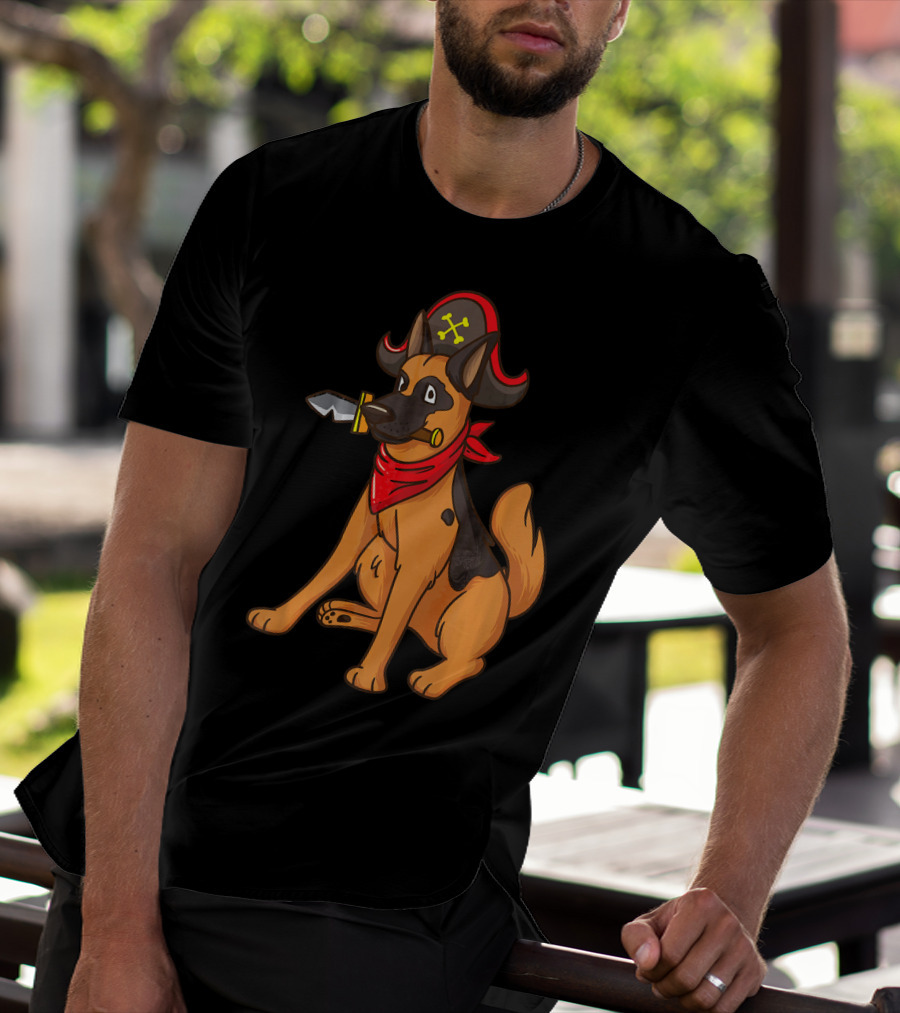Pirate German Shepherd With Red Bandana And Hat For Halloween T-Shirt