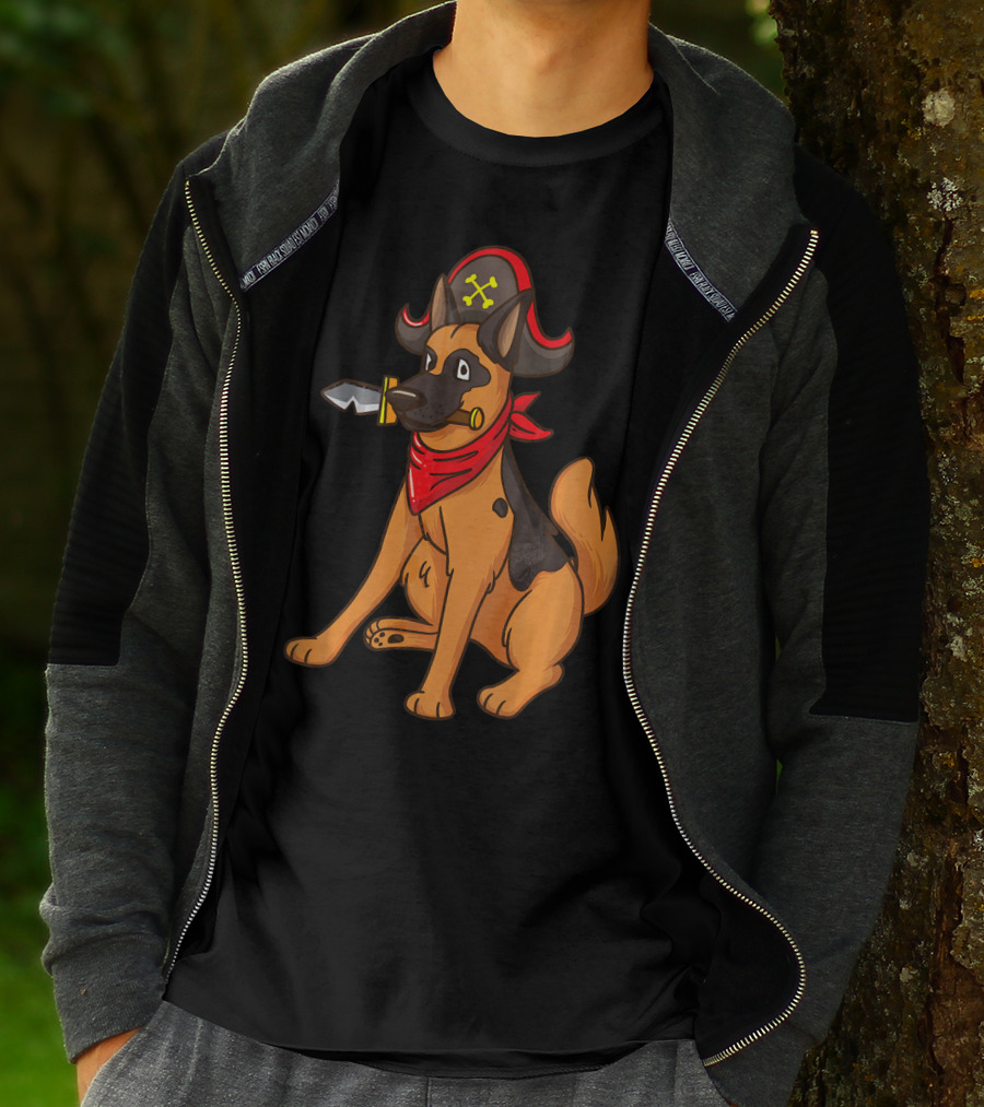 Pirate German Shepherd With Red Bandana And Hat For Halloween T-Shirt