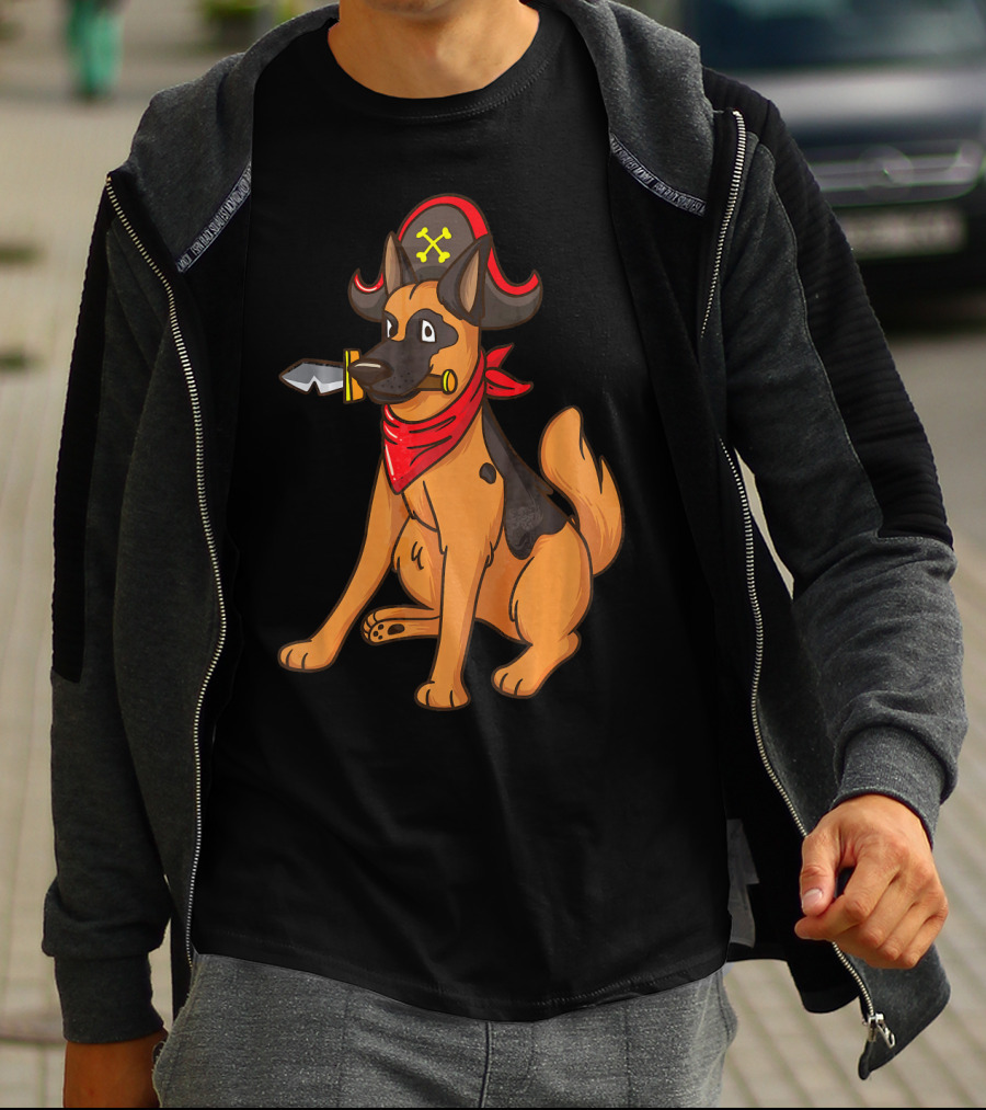 Pirate German Shepherd With Red Bandana And Hat For Halloween T-Shirt