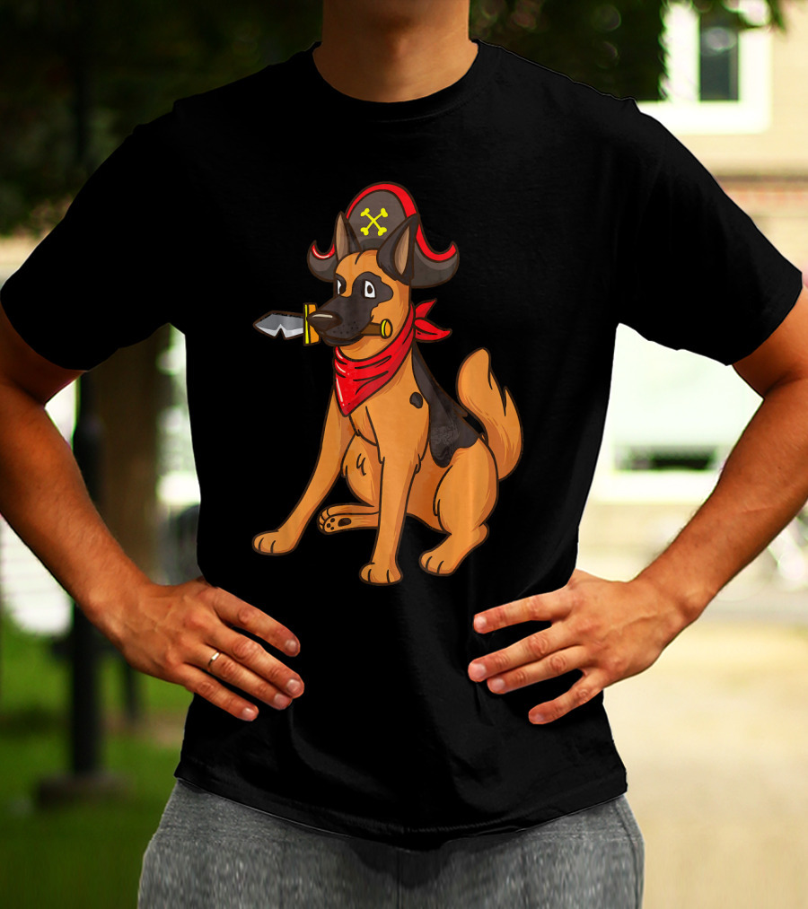 Pirate German Shepherd With Red Bandana And Hat For Halloween T-Shirt